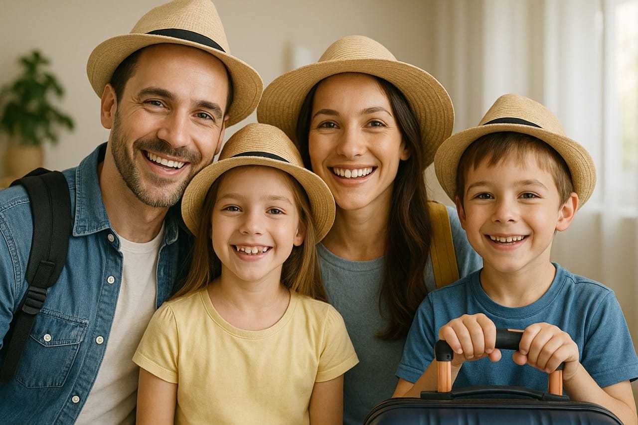 Wakacyjna rodzina w kapeluszach - tło wyszukiwarki wakacji